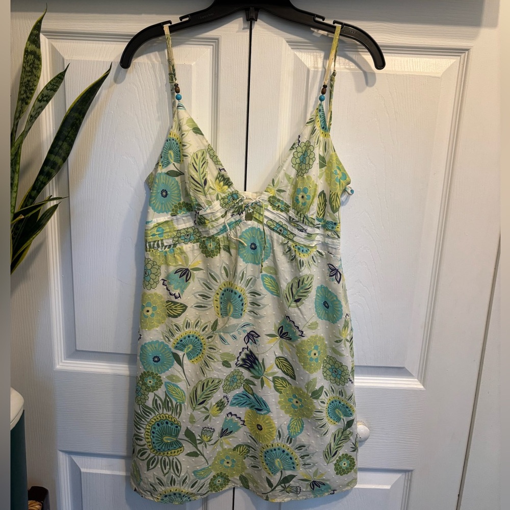 Guess White Dress With Green and Blue Floral Pattern and Raised White Polka Dots